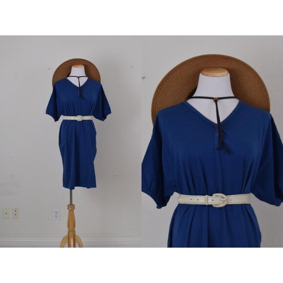 Vintage 80s T-shirt Blue Pullover Dress‎ ONE SIZE - Picture 1 of 9